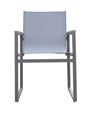 Outdoor Patio Dining Chair in Gray Powder Coated Finish with Gray Sling Textilene and Gray Wood Accent Arms - Set of 2