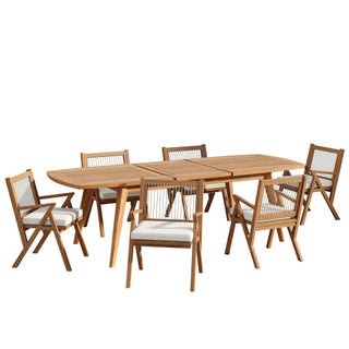 7-Piece Expandable Outdoor Dining Set – Acacia Wood Table & Rope Back Chairs