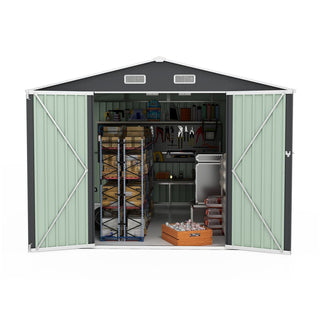 Outdoor Storage Shed 9×11 FT with 3 Lockable Doors,Utility Tool Shed Metal Storage Garden Sheds 4 Vents,Metal Sheds with Galvanized Steel Frame,for Backyard,Patio,Lawn,Grey