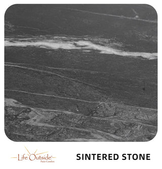 Modern 44" Rounded Square Outdoor Dining Table – Black Sintered Stone Top with Flared Aluminum Pyramid Base