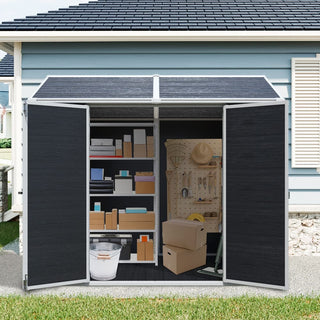 8 x 6 ft Resin Outdoor Storage Shed Waterproof Shed with Floor & Two Windows & Lockable Door, Tool Shed for Garden, Patio, Backyard,Grey/Black/White+Gray/Brown
