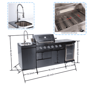 46-Inch Deluxe Outdoor Kitchen BBQ Island Grill, 4-Burner 72,000 BTU Stainless Steel with Wine Cooler, Refrigerator, Rotisserie Kit, Granite Countertop & Sink