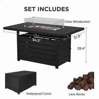 54.3 Inches Outdoor Patio White/Dark Grey/Black Aluminum Fire Pit Table, 50000 BTU CSA Certified Propane Gas Fire Pit, Rectangular Fire Table w/Stainless Burner, Lava Rock, Waterproof Cover