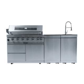 43" Deluxe 6-Burner Outdoor Kitchen Island Grill, 85,000 BTU Stainless Steel BBQ with Rotisserie, Granite Countertop, Sink & Storage Cabinets