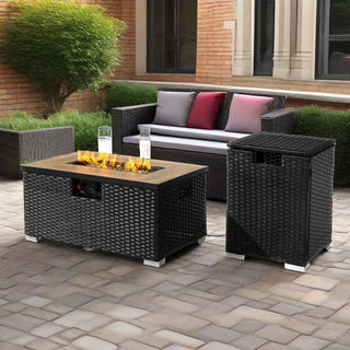 32" Propane Gas Fire Pit Table with Propane Tank Cover 2-Pieces, 50000 BTU Rectangular Steel Fire Pit with Beautiful Wicker Base for Outside Garden-Beige/Dark Gray
