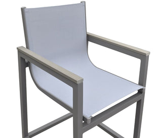 Outdoor Patio Barstool in Gray Powder Coated Finish with Gray Sling Textilene and Gray Wood Accent Arms