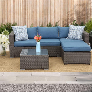 59.8"Width Outdoor Wicker Armless Sofa Set, 2-Piece Patio Loveseat Set with Blue Cushions