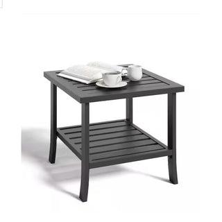 19" Square Black/Brown Metal Outdoor Side Table, 2-Tier All-Weather Patio End Table