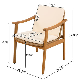 Outdoor Dining Chairs Set of 2, Teak Color Acacia Wood Frame, Brown PE Wicker, Grey Waterproof Cushion
