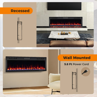 Electric Fireplace 40/50/60 Inches Recessed and Wall Mounted for 2 x 6 Ft Stud