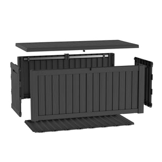 120-Gallon Resin Outdoor Deck Box with Lockable Lid, Patio Storage Bench for Cushions & Pillows – Black/Light Brown