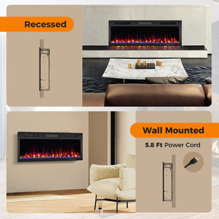 Electric Fireplace 40/50/60 Inches Recessed and Wall Mounted for 2 x 6 Ft Stud