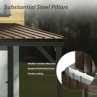 Wall-Mounted Hardtop Lean-to Gazebo with Gutters – Galvanized Steel Roof Outdoor Pergola Canopy