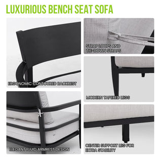 Outdoor Aluminum Bench Sofa with Sunbrella® Cushions – Fully Welded, Weather-Resistant Patio Loveseat