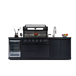 43-Inch Deluxe Outdoor Kitchen BBQ Island Grill, 6-Burner 85,000 BTU Stainless Steel Gas Grill with Wine Cooler, Refrigerator, Rotisserie Kit, Granite Countertop & Sink