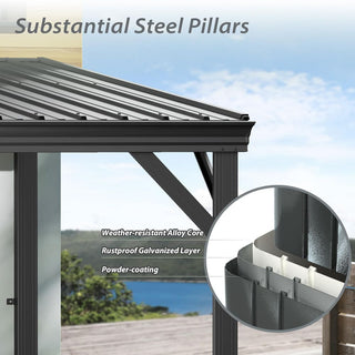 Wall-Mounted Hardtop Lean-to Gazebo with Gutters – Galvanized Steel Roof Outdoor Pergola Canopy