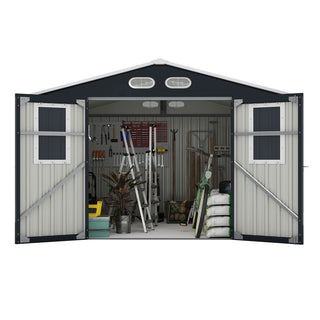 8x8 ft Outdoor Storage Shed with 4 Windows, Lockable Double Doors & Weather-Resistant Steel Frame – Garden Tool Shed