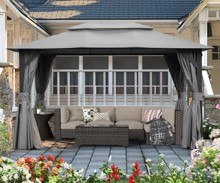 10X14 FT Outdoor Gazebo With Double Roofs, Privacy Curtains, Mosquito Nettings, Heavy Duty Metal Frame Party Tent Canopy