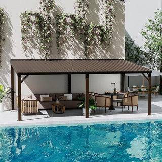 Wall-Mounted Hardtop Lean-to Gazebo with Gutters – Galvanized Steel Roof Outdoor Pergola Canopy