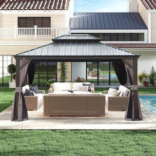Hardtop Gazebo with Galvanized Steel Double Roof, Metal Gazebos with Drainage System Patio Pergola for Patio Deck Backyard,Curtain and Netting