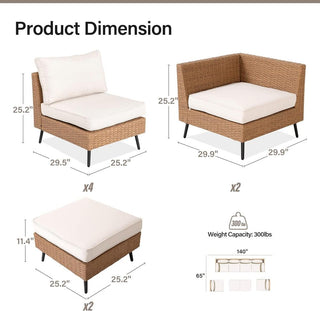 8 Piece PE Rattan Outdoor Sectional Sofa Set, All Weather Wicker Patio Conversation Set with Thick Cushions for Garden, Poolside, Backyard – Beige/Gray