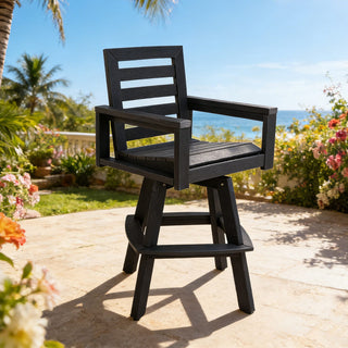 Outdoor 360° Swivel Bar Stool – All-Weather HDPE Patio Bar Chair with Ladder Back & Wood-Grain Finish