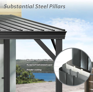 Wall-Mounted Hardtop Lean-to Gazebo with Gutters – Galvanized Steel Roof Outdoor Pergola Canopy