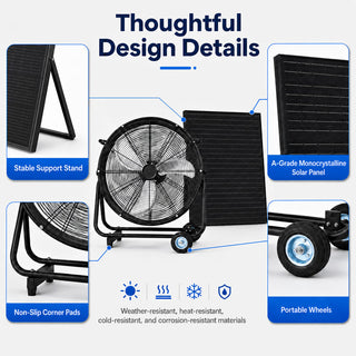 24"/30" Wheeled Solar Ventilation Fan with 140W Adjustable Monocrystalline Panel, 130W DC Brushless Motor & 3-Speed Remote for Warehouse & Workshop