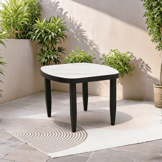 Modern Curved Outdoor Side Table – 23.6" Sintered Stone Top with Greek White Marble Texture & Aluminum Frame