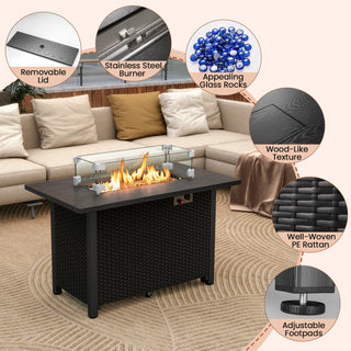 50000 BTU 2 Inch ropane Gas Fire Pit Table with Wind Guard and Glass Rocks