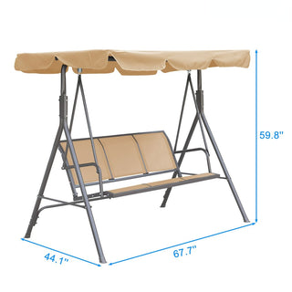 3-Person Beige Patio Swing Chair with Adjustable Waterproof Canopy for Outdoor Garden Backyard