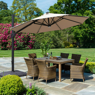 11ft Solar LED Market Umbrella with Base – Outdoor Round Patio Umbrella with Crank & Aluminum Pole