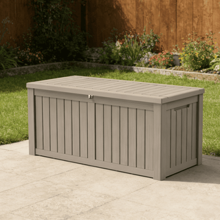 120-Gallon Resin Outdoor Deck Box with Lockable Lid, Patio Storage Bench for Cushions & Pillows – Black/Light Brown