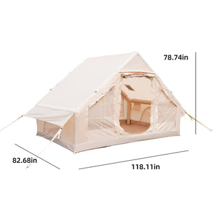 Inflatable Camping Tent with Hand Pump, 4-Season Waterproof & Windproof Air Glamping Cabin Tent with Mesh Windows and Chimney Vent