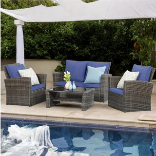 4-Piece Wicker Patio Conversation Set With Glass Table and Blue/Black/Gray Cushions