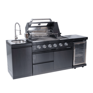 46-Inch Deluxe Outdoor Kitchen BBQ Island Grill, 4-Burner 72,000 BTU Stainless Steel with Wine Cooler, Refrigerator, Rotisserie Kit, Granite Countertop & Sink
