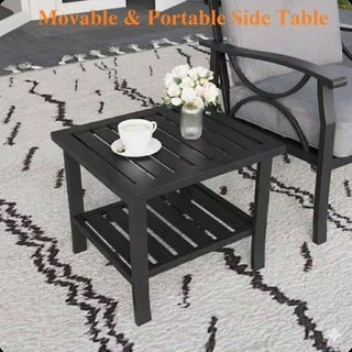 19" Square Black/Brown Metal Outdoor Side Table, 2-Tier All-Weather Patio End Table