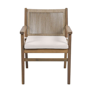 Outdoor Dining Chairs Set of 2, Acacia Wood Patio Armchair with Rope Design Back and Water Repellent Cushion