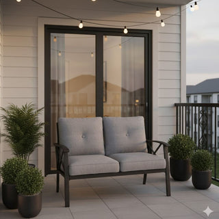 48" All-Weather Metal Loveseat 2 Seats Couch Sofa with Gray/Beige/Khaki Cushions with black Frame