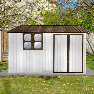 Mondawe 10ft x 8ft Metal Garden Storage Shed with Window, White+Yellow/White+Coffee Outdoor Tool Shed for Backyard