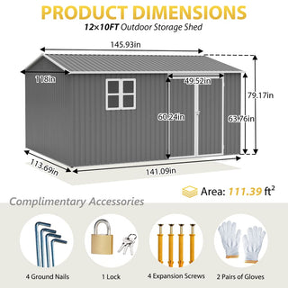 12 x 10 FT Outdoor Metal Storage Shed, Heavy-Duty Waterproof Steel Garden Tool Shed with Lockable Doors for Backyard, Patio & Lawn Storage
