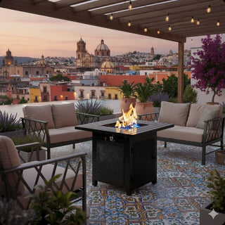 30”Width Outdoor 2-in1 Black Rattan Look Fireplace Table, 50000 BTU CSA Certified Propane Square Gas Fire Pit Table with Stainless Burner, Lid, Lava Rocks and Waterproof Cover