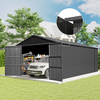 Outdoor Metal Garage Shed, Extra Large Metal Carport with Lockable Double Hinged Doors, Heavy Duty Car Shelter for Car, Truck, Motorcycle and Lawn Equipment, Grey
