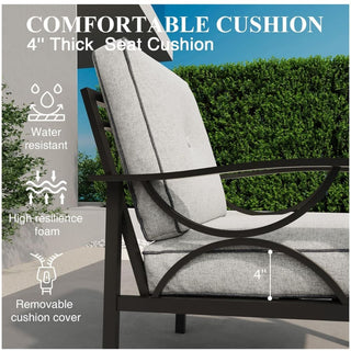 Set of 2 All-Weather Metal Armchairs, Black/Khaki Frame with Gray/Beige Cushions
