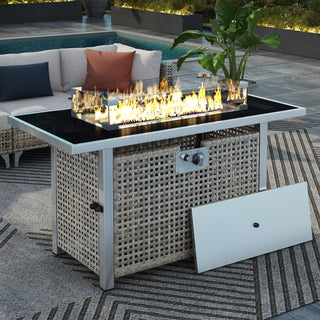 43" Propane Gas Fire Pit Table, 60000 BTU Rectangular Open Weave Wicker Fire Pit with Glass Wind Guard for Outside Patio Deck Garden Backyard