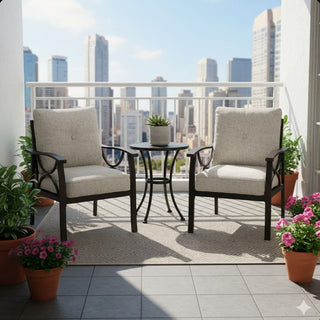 Set of 2 All-Weather Metal Armchairs, Black/Khaki Frame with Gray/Beige Cushions