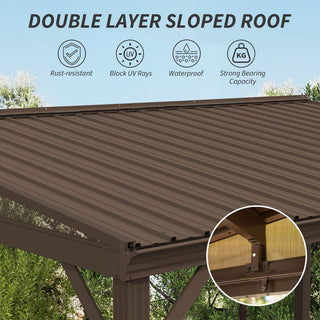 Hardtop Wall Mounted Gazebo with Sloping Galvanized Steel Roof, Aluminum Frame, Drainage System, Curtains and Netting, for Patio, Deck, Garden, Backyard