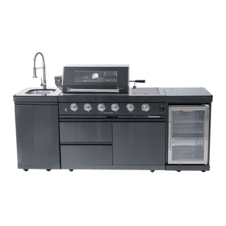 46-Inch Deluxe Outdoor Kitchen BBQ Island Grill, 4-Burner 72,000 BTU Stainless Steel with Wine Cooler, Refrigerator, Rotisserie Kit, Granite Countertop & Sink
