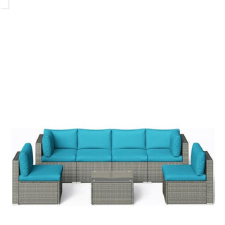 7-Piece All-Weather Gray Wicker Couch Patio Set with Removable Light Blue Cushions and Glass Coffee Table for Patio, Poolside & Backyard