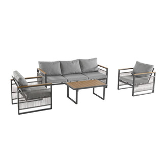 4-Piece Outdoor Metal Patio Furniture Set, 5-Seat Deep Seating Sofa Set with Cushions, Modern Grey & Natural Finish for Porch, Garden & Backyard